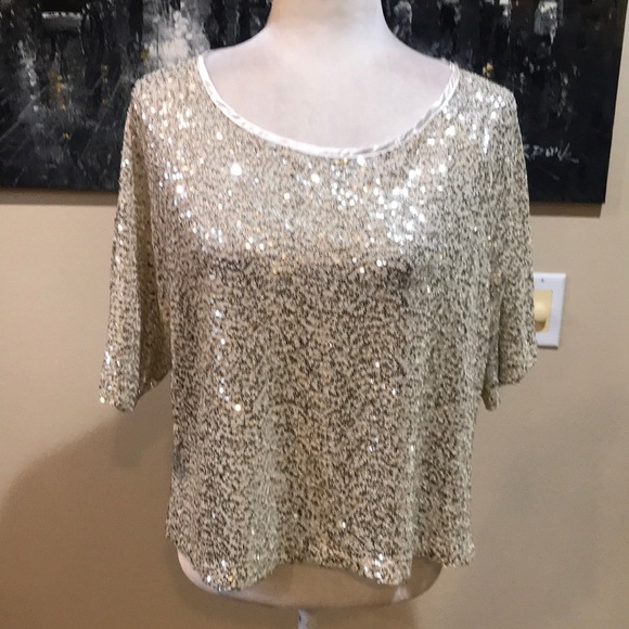 Rebecca Minkoff Sequin Sparkle Cropped Loose Fit Short Sleeve Top-Size L - Picture 1 of 7